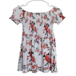 Rue 21 Off Shoulder Blouse Womens Medium White Cream Floral Short Sleeve Shirt‎